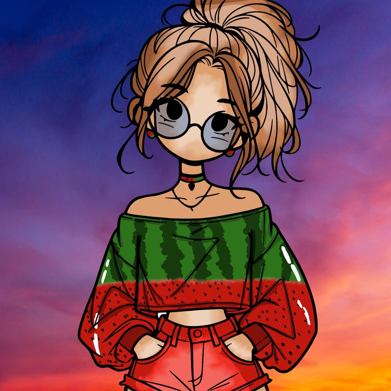 girl with a messy ponytail glasses a baggy crop top and jean shorts