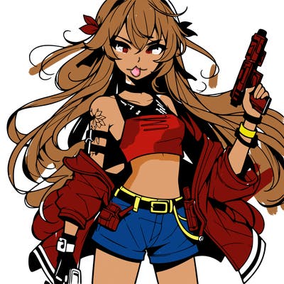 bad girl wearing crop top holding a gun long hair anime