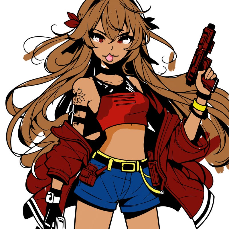 bad girl wearing crop top holding a gun long hair anime