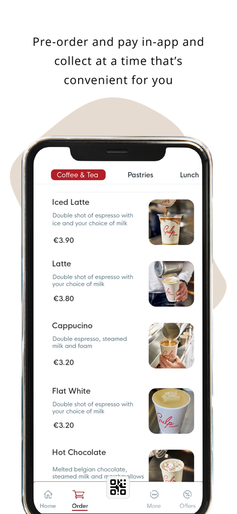 Gulp Coffee app interface showing a list of coffee and tea drinks for mobile ordering.