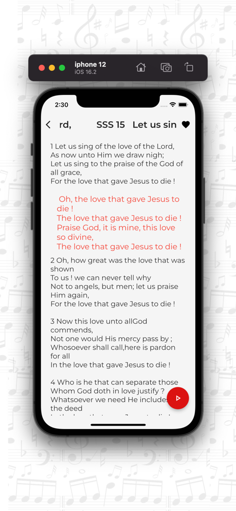 A smartphone screen displaying the lyrics of a traditional hymn within the Sacred Songs and Solos offline app