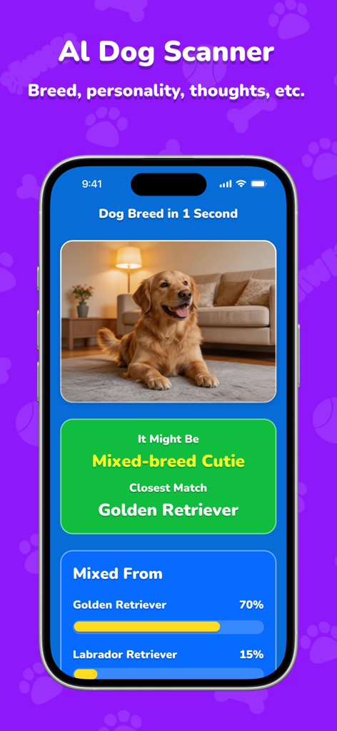 PawTok: AI Dog Translator - Screenshot of the PawTok app AI Dog Scanner feature identifying a Golden Retriever mixed breed with percentage breakdown