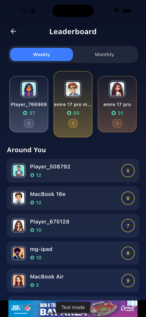 Multi Game Hub - Weekly leaderboard screen in Multi Game Hub app showing player rankings and star scores