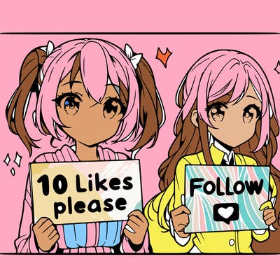 two anime girls: one holding a sign that says 10 likes please, and the other girl holding a sign that says "follow me"