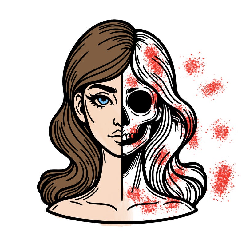 bust of a woman, half face and hair, half skull