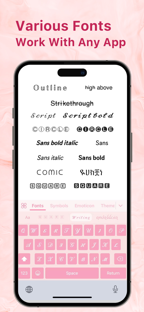A display of various aesthetic font styles and a pink custom keyboard on an iPhone