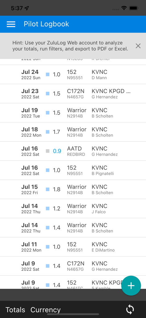 ZuluLog Pilot Logbook and EFB - A digital pilot logbook showing a chronological list of flight entries including dates aircraft types and durations
