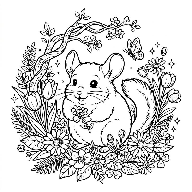 Dive into a charming spring scene with our delightful chinchilla coloring page, perfect for young artists. Kids will love coloring this fluffy friend surrounded by beautiful blossoms and a playful butterfly.