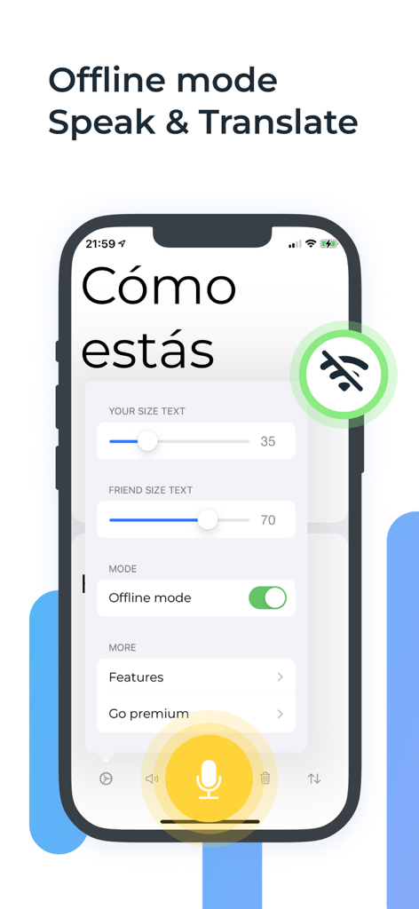 Translate Me - Translator - Translate Me app interface showing offline mode settings and text size adjustment features on an iPhone.