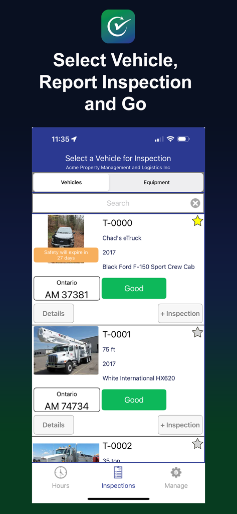 ReadyChek - ReadyChek app screen showing a list of commercial vehicles with inspection status and selection options