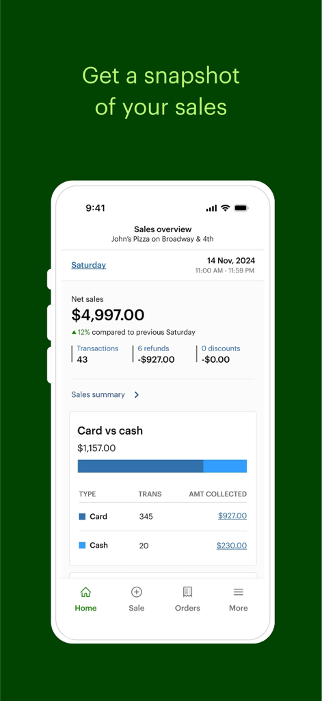 Clover Go - Dashboard & POS - Dashboard dell'app mobile Clover Go che mostra una panoramica delle vendite con vendite nette e riepilogo del tipo di pagamento
