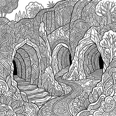 Discover a stunning Zentangle design featuring majestic cave entrances, perfect for a calming and detailed coloring experience. Immerse yourself in the beauty of nature's hidden wonders, transformed into intricate patterns.