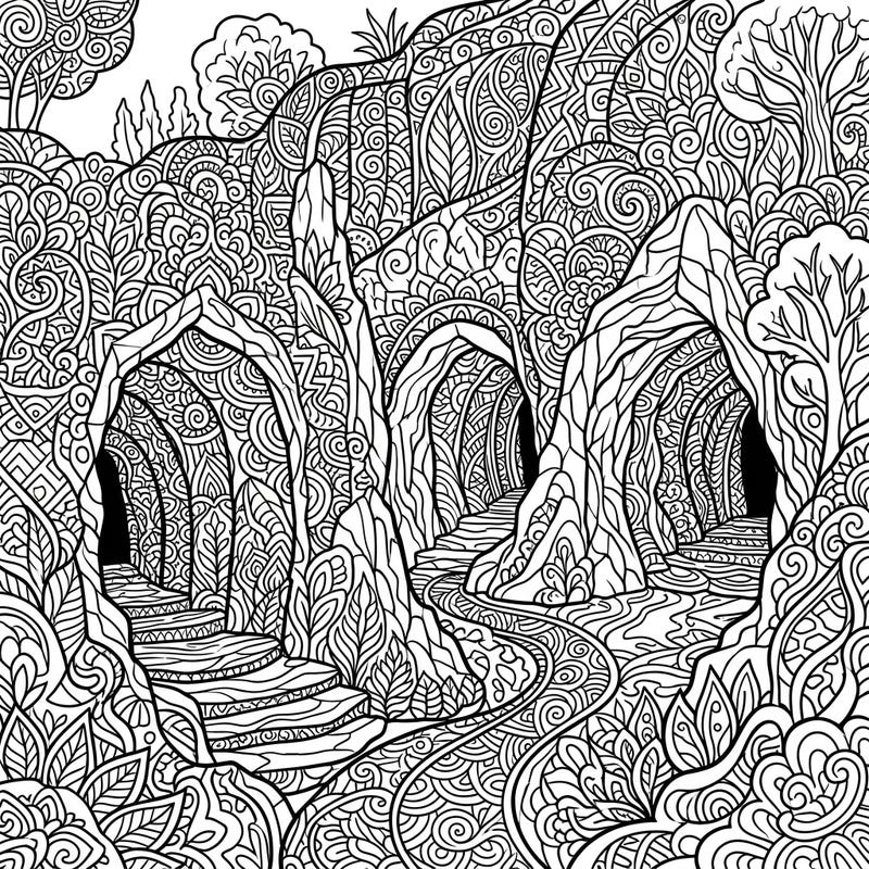 Discover a stunning Zentangle design featuring majestic cave entrances, perfect for a calming and detailed coloring experience. Immerse yourself in the beauty of nature's hidden wonders, transformed into intricate patterns.