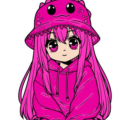 girl with anime shaped eyes with a dinosaur bucket hat oversized sweatshirt long straight hair
