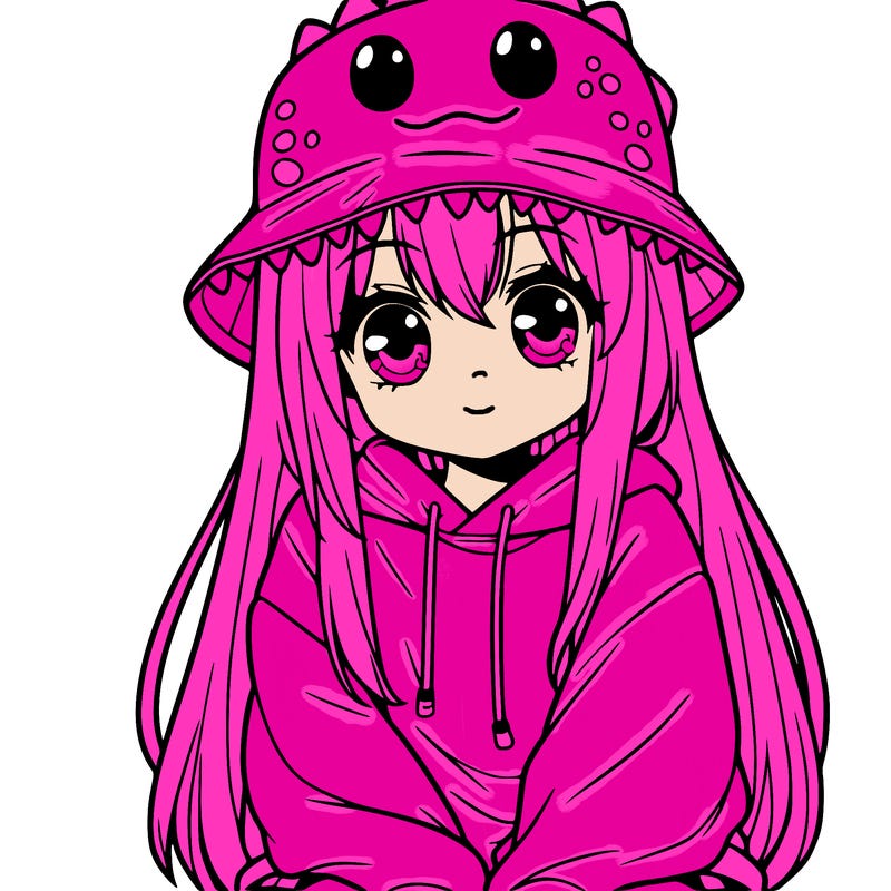 girl with anime shaped eyes with a dinosaur bucket hat oversized sweatshirt long straight hair
