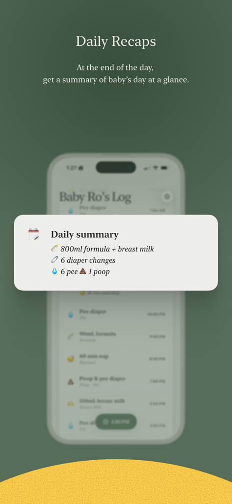 BabyRo — Simple Baby Tracker - A minimalist daily summary screen showing baby feeding and diaper statistics in the BabyRo app