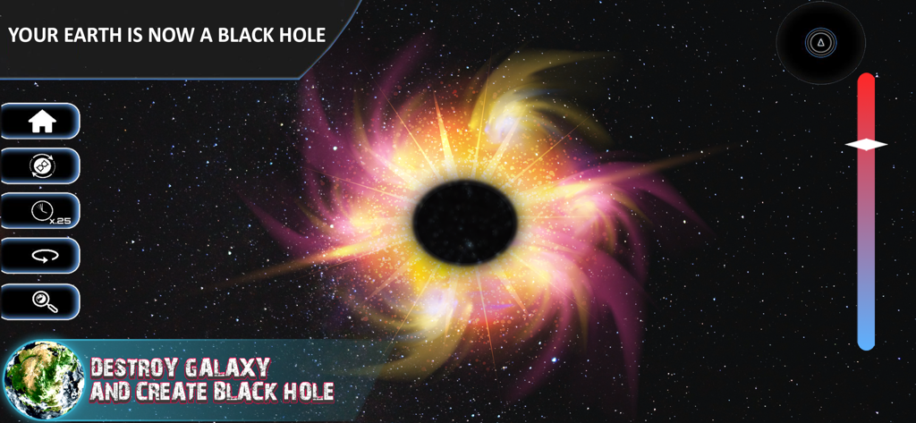Universe Gravity Simulator 3D - A black hole simulation with colorful swirling gases in the Universe Gravity Simulator 3D mobile game.