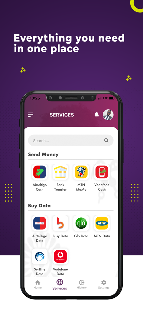 FlexiPAY App - FlexiPAY App services screen showing options to send money and buy data.