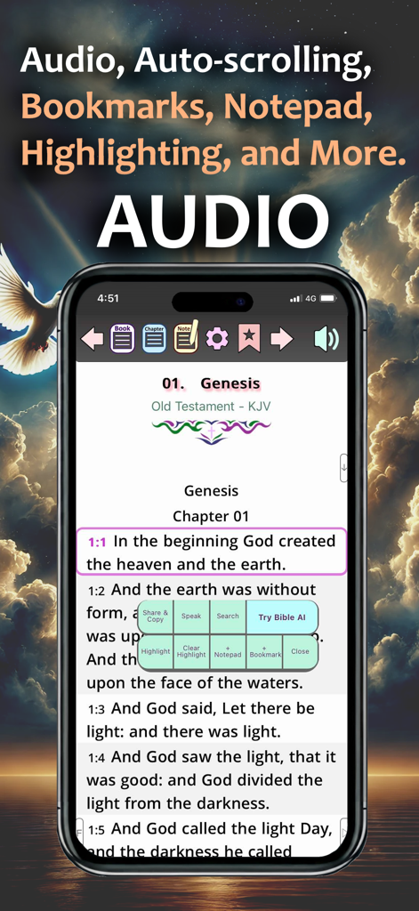 Smartphone displaying the 1611 King James Bible PRO app with audio and study features including highlighting and notes.