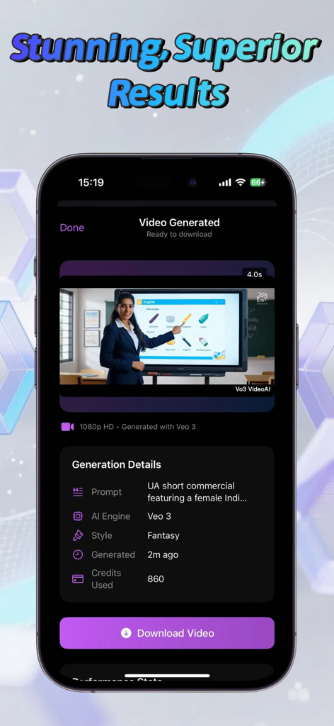 Vo3 AI Video Generator - Vo3 AI Video Generator app interface showing a high-definition video of a woman in a professional setting generated using the Veo 3 engine