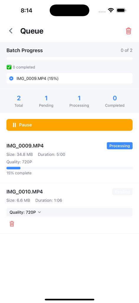The ShrinkIt app batch processing queue showing video compression progress and pending files