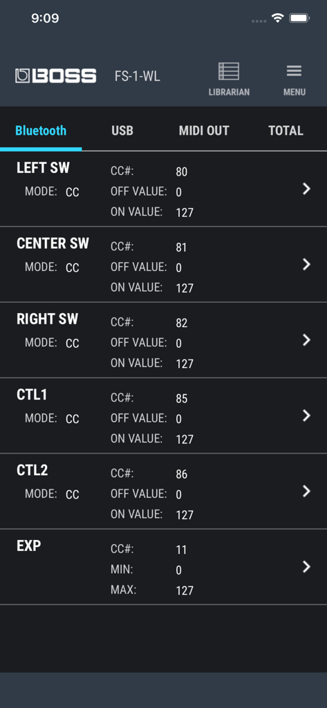 FS-1-WL Editor - MIDI configuration screen in the BOSS FS-1-WL Editor app for wireless footswitch control