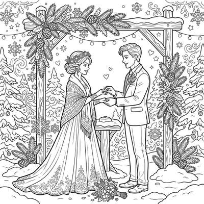 Step into a breathtaking winter wonderland wedding with this elegant coloring page. Capture the magic of a snowy ceremony as a beautiful couple exchanges vows amidst frosted pines.