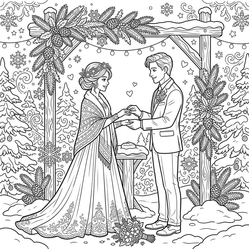 Step into a breathtaking winter wonderland wedding with this elegant coloring page. Capture the magic of a snowy ceremony as a beautiful couple exchanges vows amidst frosted pines.