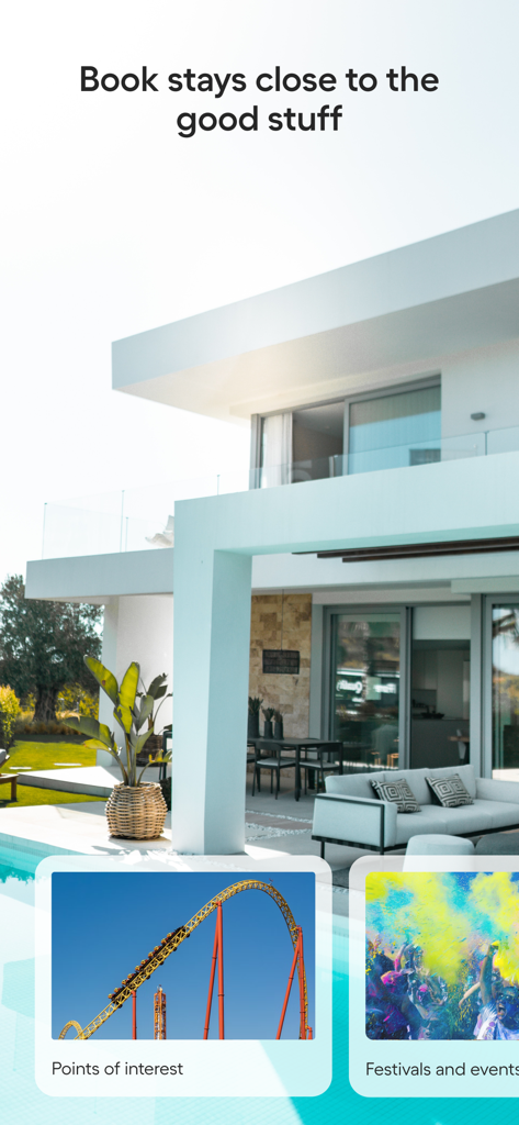 Una villa de vacaciones moderna y de lujo con piscina que cuenta con opciones de búsqueda de puntos de interés cercanos y eventos locales.