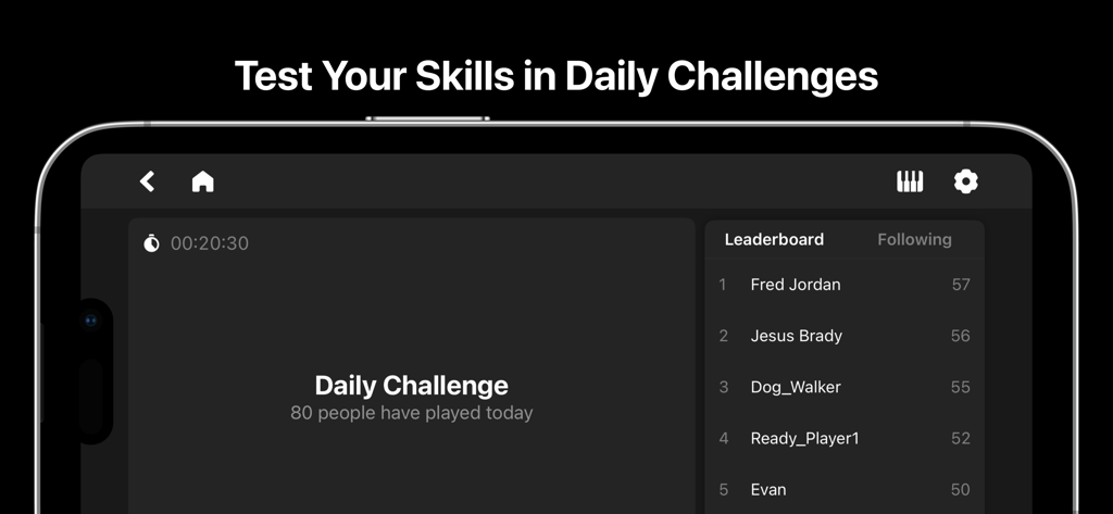 A screenshot of the Chet music ear training app showing the daily challenge screen with a competitive global leaderboard