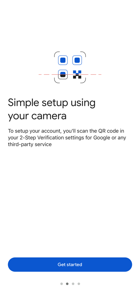 Google Authenticator onboarding screen showing simple setup using a QR code scan