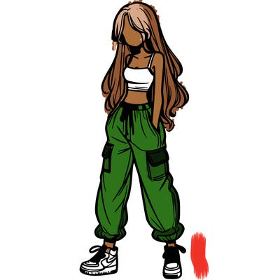 girl in baggy pants crop top and long hair