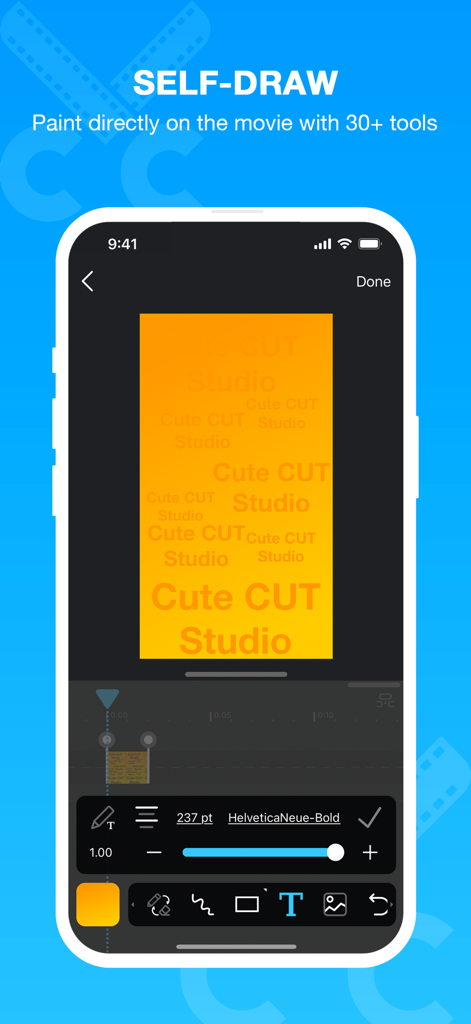 Cute CUT Pro - Interface of Cute CUT Pro app showing a user drawing and adding text overlays on a video clip.