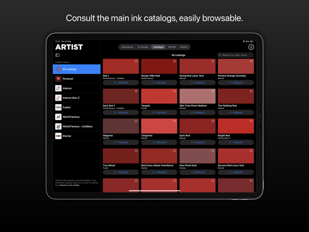 Inksquad Artist 앱 인터페이스가 다양한 브랜드 카탈로그의 빨간색 타투 잉크 견본 그리드를 보여줍니다.