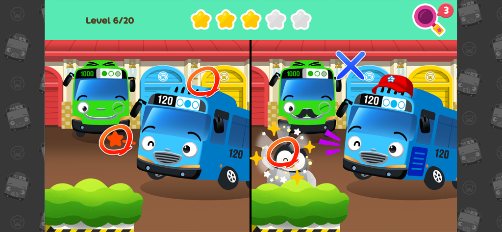 Tayo Coloring & Games - Un nivel de juego de encuentra las diferencias con personajes de Tayo el Pequeño Autobús en una comparación lado a lado.