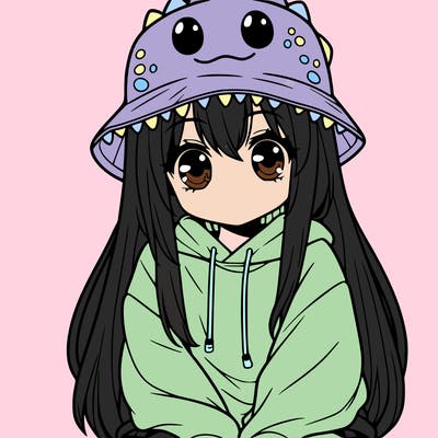 girl with anime shaped eyes with a dinosaur bucket hat oversized sweatshirt long straight hair