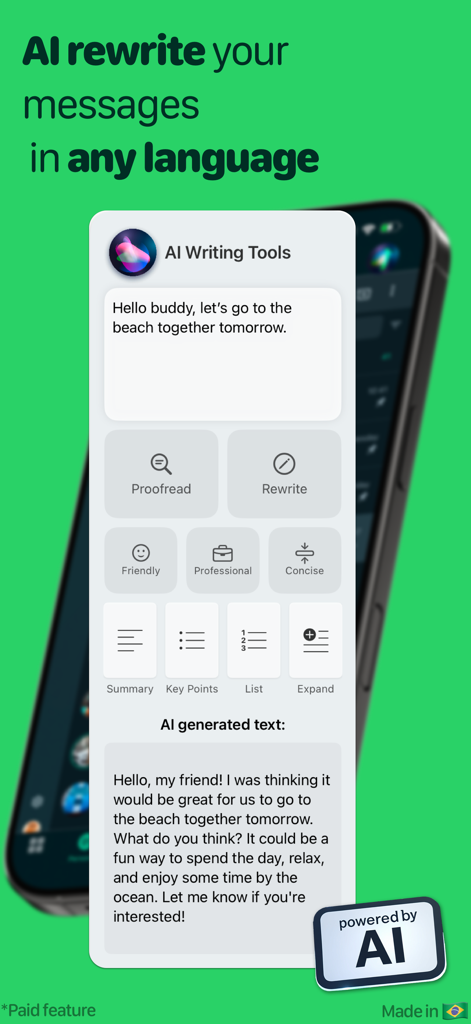 AI Writing Tools interface showing message rewriting and enhancement options