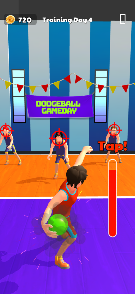 A player aiming a green dodgeball at opponents with target crosshairs in a training session.