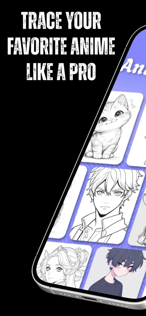 Draw Anime - AR Tracing - Interfaz de aplicación móvil que muestra una variedad de bocetos de personajes de anime listos para trazar con RA