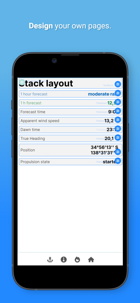 SKipper App - Interfaz de SKipper App mostrando un diseño apilado personalizado con datos de sensores marinos, incluyendo velocidad del viento y ubicación de la embarcación