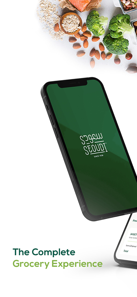 Seoudi Supermarket - Smartphone mostrando el logo de Seoudi Supermarket con comida fresca de fondo y el eslogan La Experiencia Completa de Comestibles