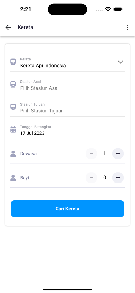 Darmawisata Indonesia - Darmawisata Indonesia app interface for searching and booking train tickets in Indonesia