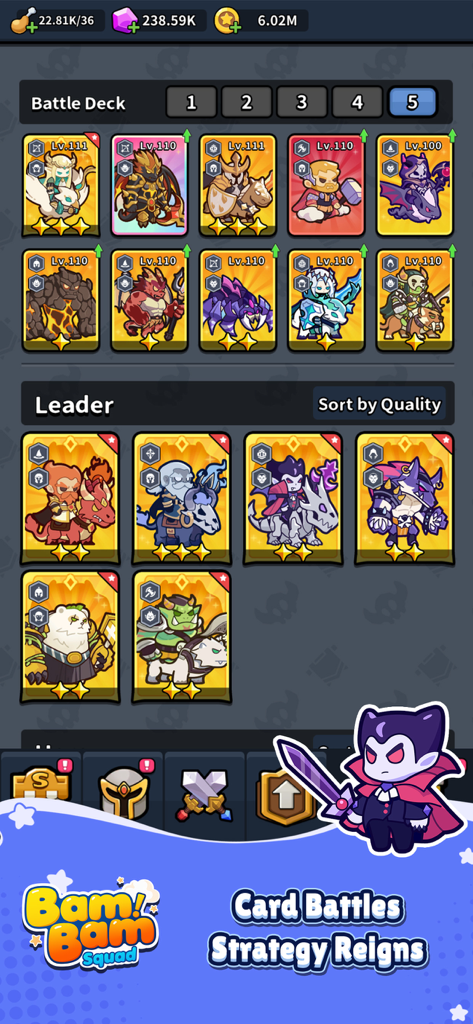 Bam Bam Squad battle deck menu showing a collection of leveled hero cards for strategic team building
