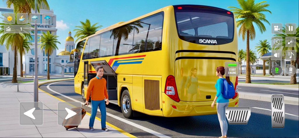 Trip Bus Simulator - Bus Games - Um ônibus turístico amarelo estacionado em uma cidade ensolarada com passageiros embarcando no jogo Trip Bus Simulator