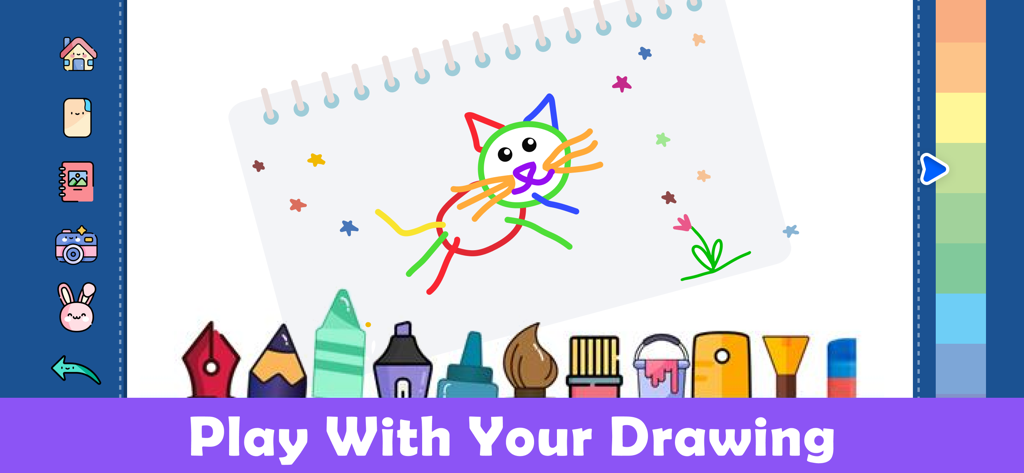 A colorful cat drawing on a virtual paper with various art tools like crayons and brushes in a kids educational app
