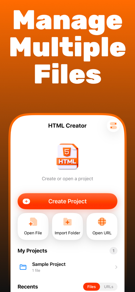 HTML Creator : Editor & Viewer - A mobile interface for the HTML Creator app showing project management options like creating a project and importing folders.