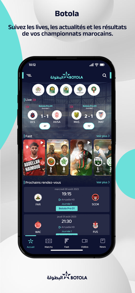 Schermata dello smartphone che mostra l'app Botola con risultati di calcio marocchino in diretta e calendari delle partite