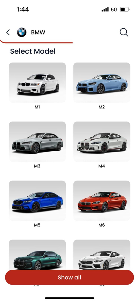 A selection screen in the Rev Automotive app showing various BMW M series models including M1 M2 M3 and M4.