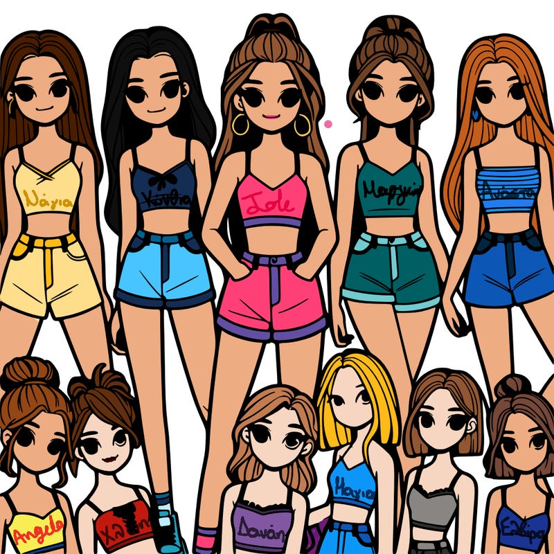 a group of girls wearing crop tops and shorts