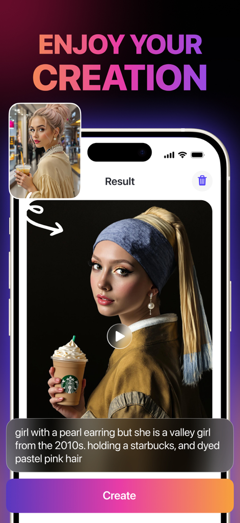Interfaz de la aplicación PixVideo AI que muestra una versión remezclada moderna de la pintura "La joven de la perla" generada por IA basada en una indicación de texto.